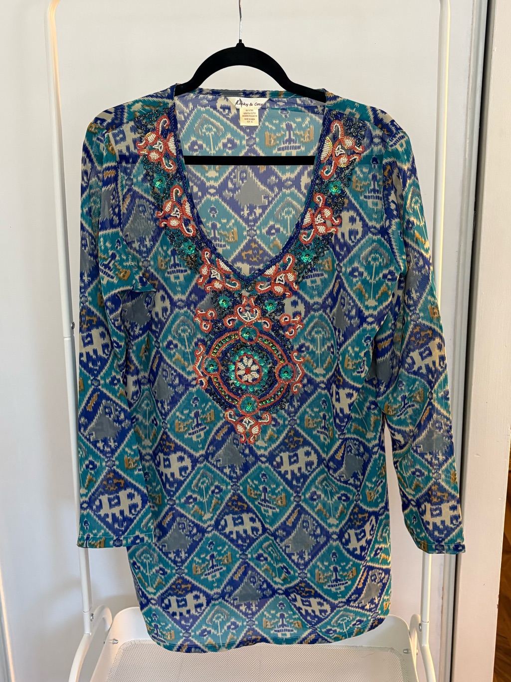 Lucky & Coco | Beaded V-Neck Printed Tunic Swimwear Cover-Up
